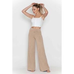 Chatoyant Plus Size Mineral Washed Wide Leg Stretch Pants Beige 3XL
